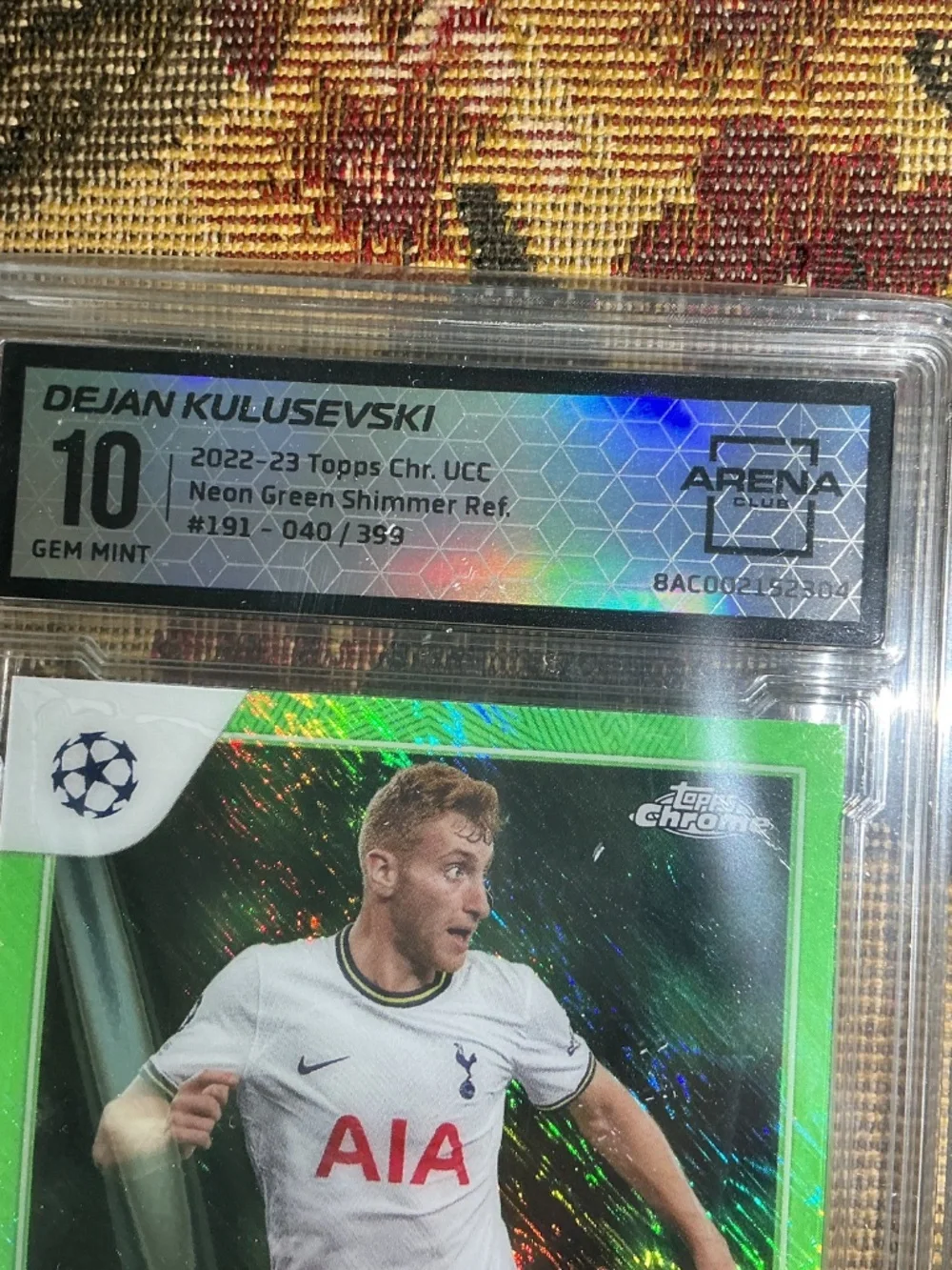 2022 Topps Chrome Dejan Kulusevski #19 Neon Green Shimmer /399 Graded Arena 10